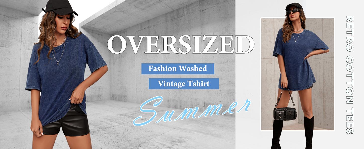 Danedvi Womens Oversized T Shirts Vintage Cotton Tees Crewneck Short Sleeve Washed Summer Tunic Tops