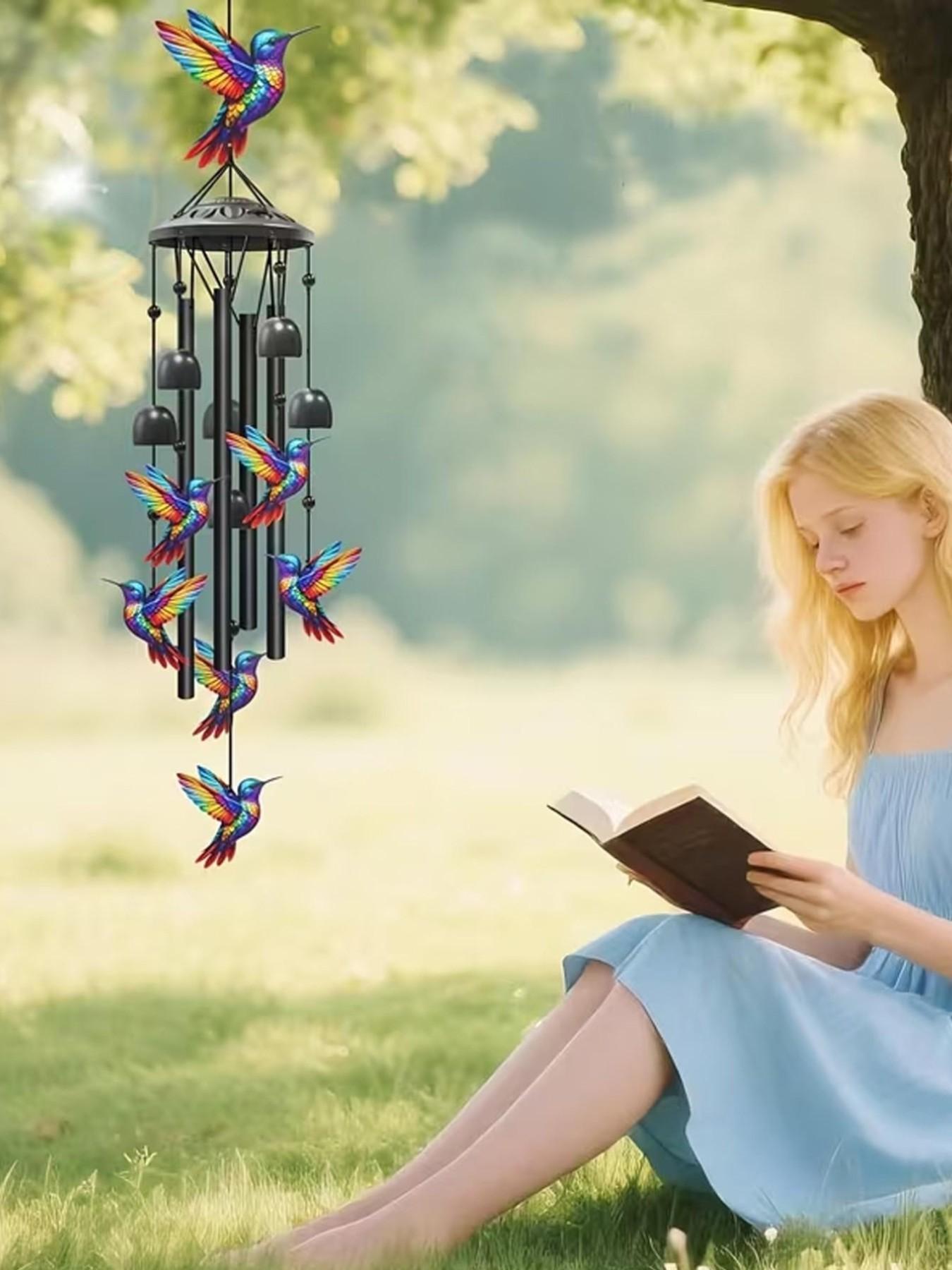 36-Inch Outdoor Hummingbird Wind Chime, Metal Garden Pavilion Decoration, Durable, Gift for Men Women, with Greeting Card