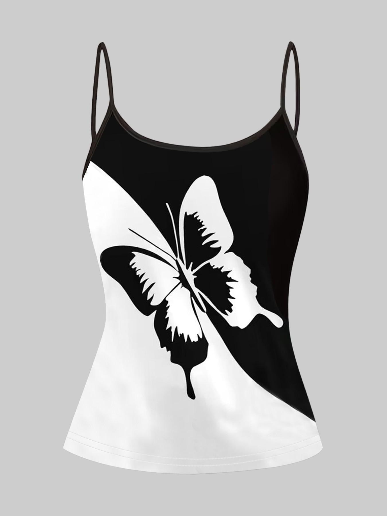 Simple Butterfly Line Print Adjustable Straps, Casual Sleeveless Slim-Fitting Top, Three-Piece Set for Home and Outdoors