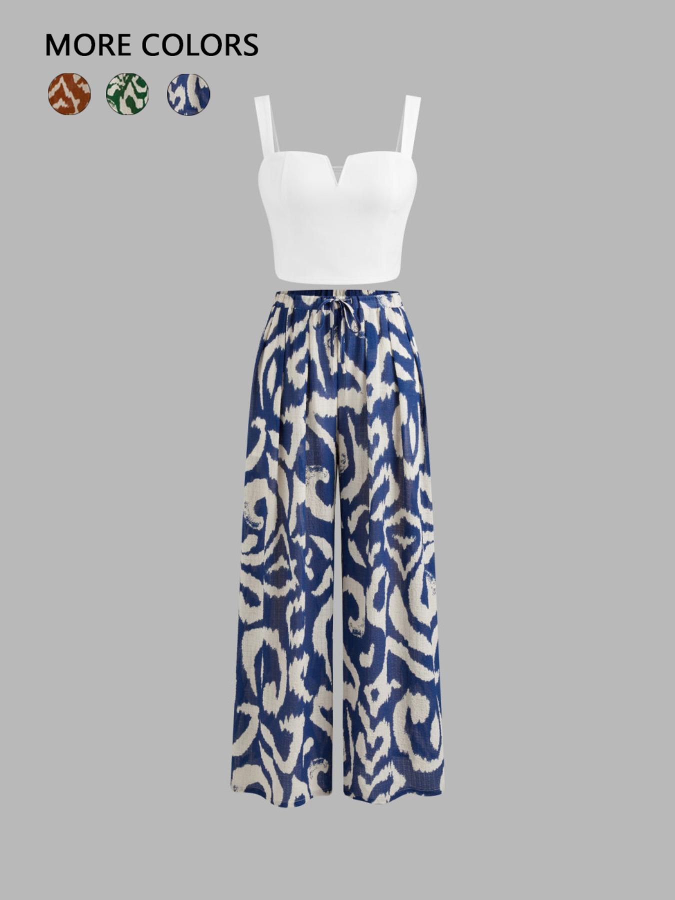 Women's Solid Color Crop Tank Top & Wide Leg Pants Two-Piece Set, Casual Fashion Cozy Top & Trousers for Daily Outdoor Wear, Ladies Clothes for All Seasons