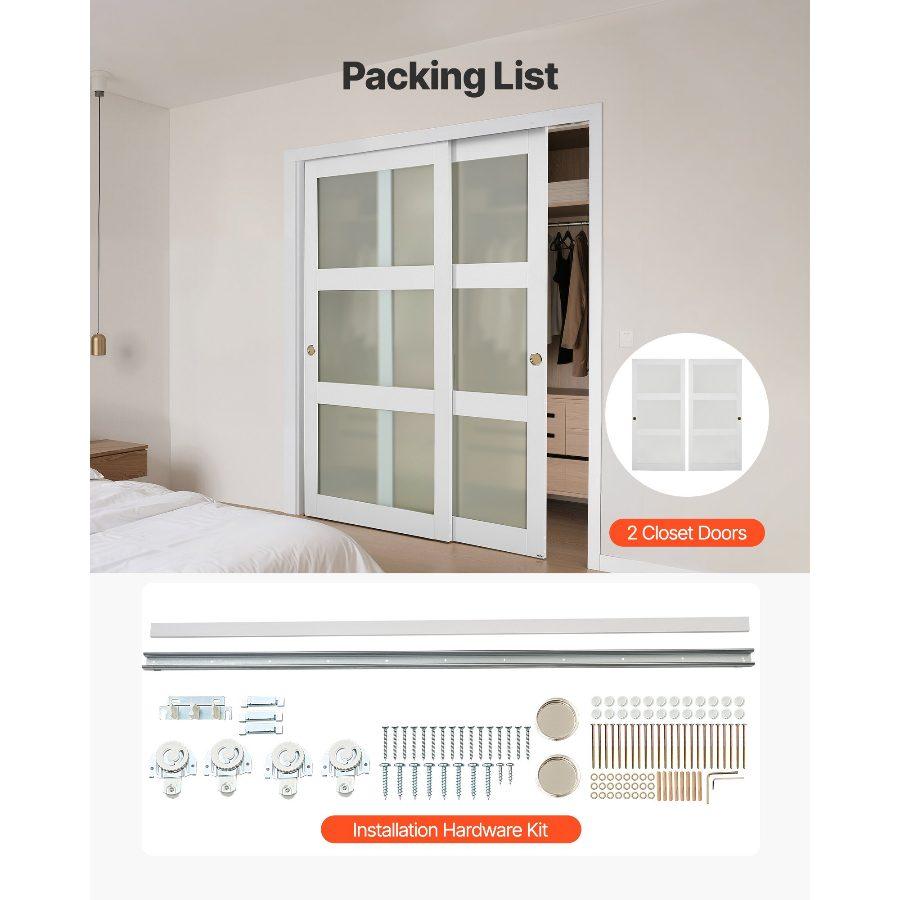 VEVOR 72"x80" Bypass Sliding Door, Double 37" Panels, 3-Lite Frosted Glass, Solid Wood MDF Slab with Waterproof PVC Surface, Hardware Kit & Floor Guide for Closets, Bedrooms, Frost Glass