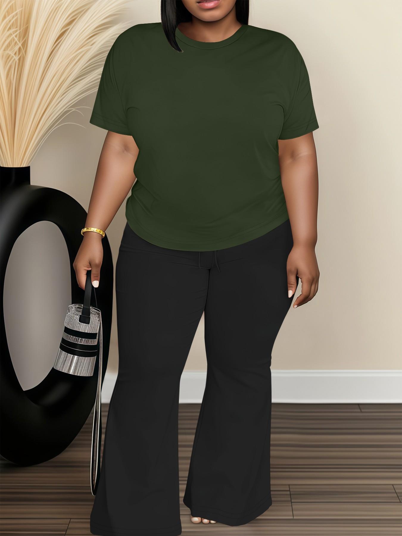 Women's Fashionable Big Size Casual Round Neck Short Sleeve Top & Loose Fit Straight Pants Set, Spring & Fall Comfortable Plain Design Women's Fashionable Big Size Casual Round Neck Short Sleeve Top & Loose Fit Straight Pants Set, Spring & Fall Comfortable Plain Design