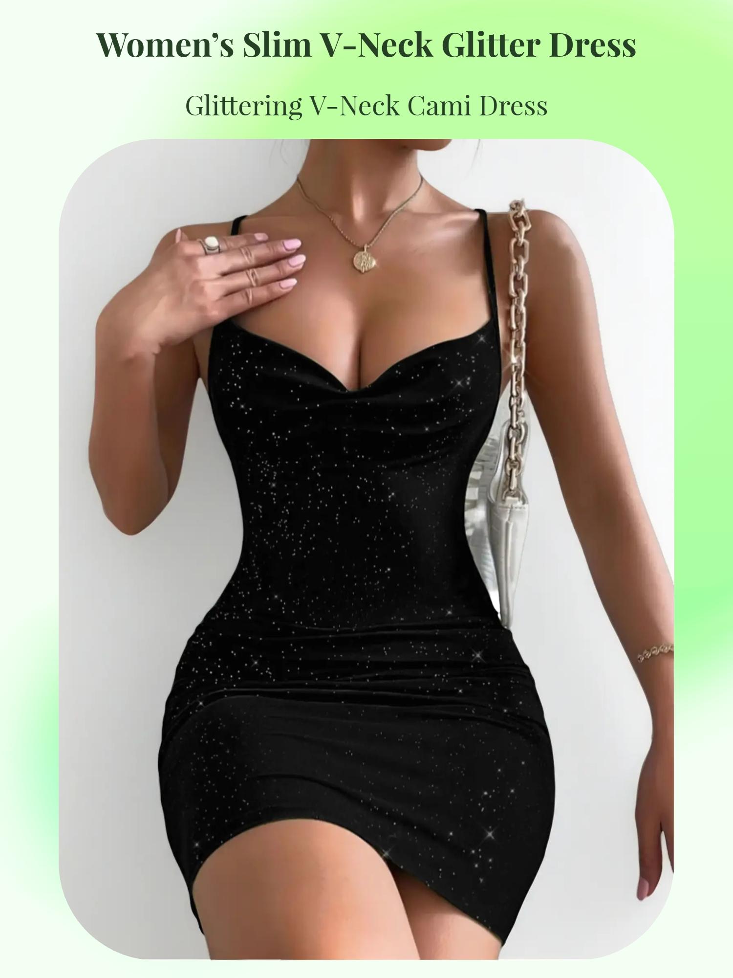Women's Glitter Shimmer Cami Spaghetti Dress, Elegant Chic Fashion Casual Woven Bodycon Dress for Party Club Dating Wear, Women Dress for Summer