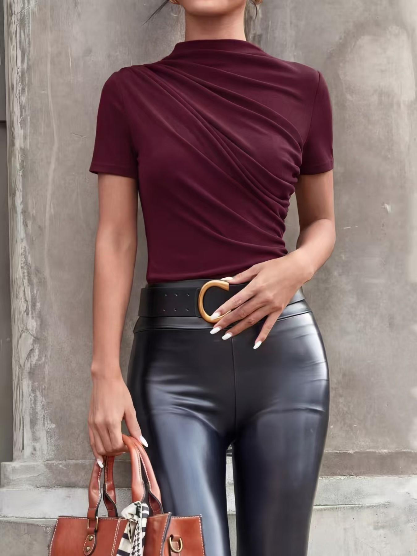 Women's Slim Fit Ruched Asymmetrical Top, High Neck Short Sleeve Knit T-Shirt, Casual Plain Design, Easy Care, X Type Silhouette Women's Slim Fit Ruched Asymmetrical Top, High Neck Short Sleeve Knit T-Shirt, Casual Plain Design, Easy Care, X Type Silhouette