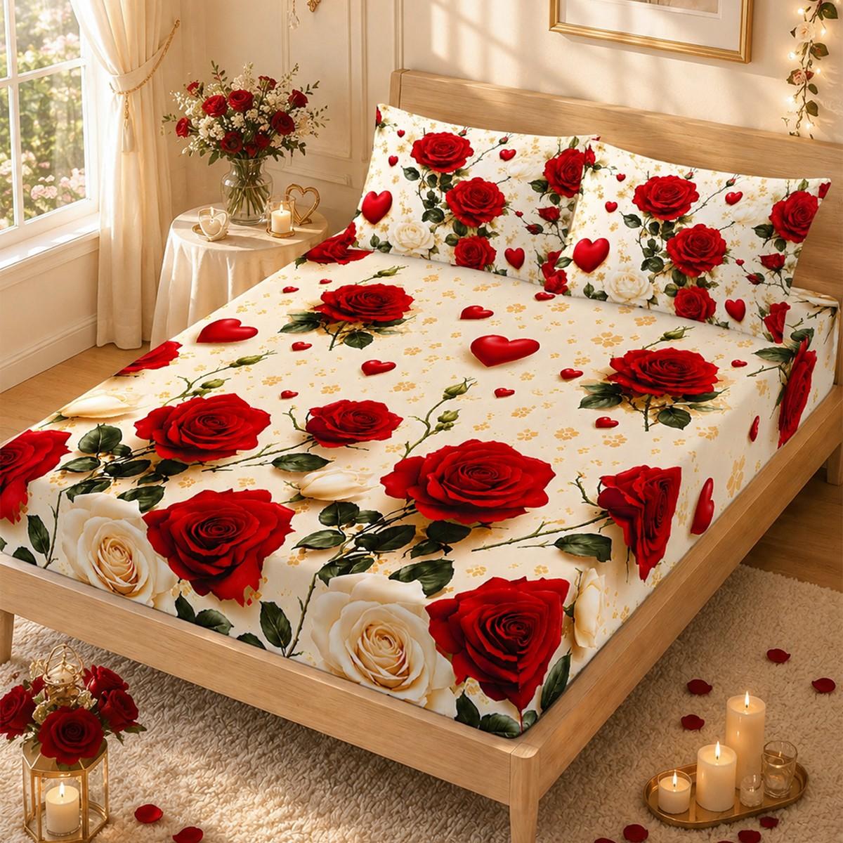 3pcs Three-piece fitted sheet set with red rose and heart floral print. Includes one fitted sheet and two pillowcases (pillow inserts not included). Soft, comfortable, and breathable. Available in multiple sizes. Suitable for master bedrooms, guest rooms
