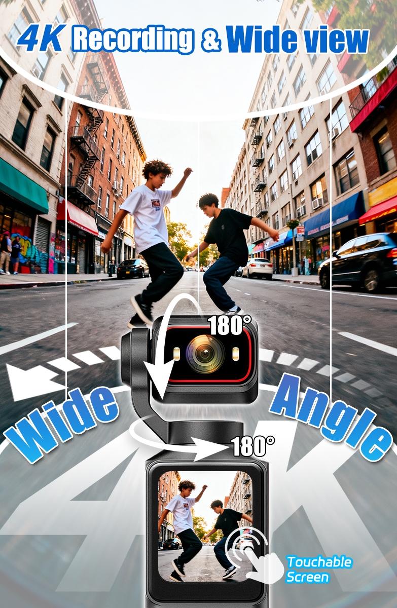 Handheld Stabilizer Pocket Camera, Portable 4K Ultra HD Camcorder, 180° Rotating Lens, 1.69 Inch Touchscreen, USB Rechargeable