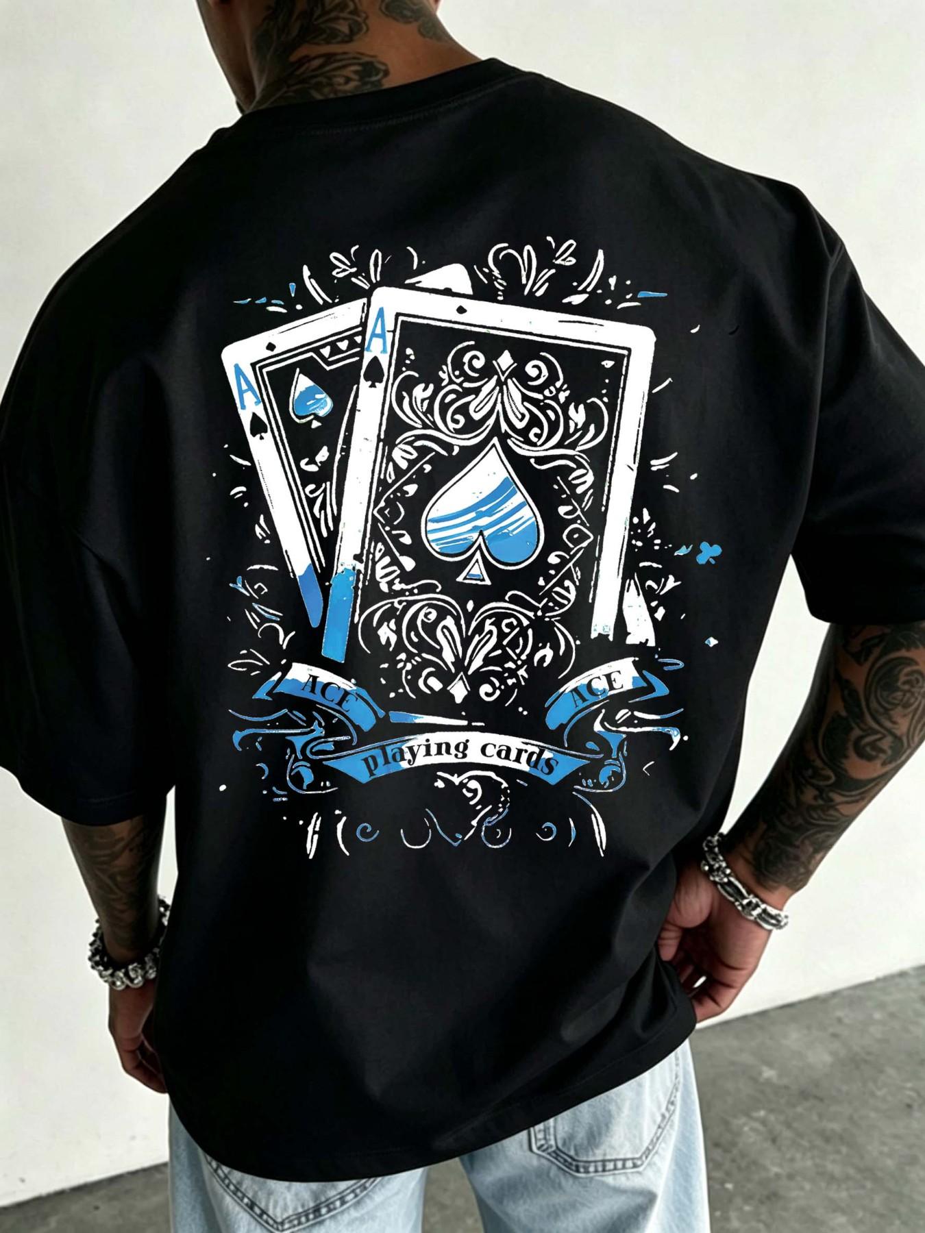 Oversized Spade Pattern T-shirt for Men, 2026 Summer Street Style Poker Printed T-shirt, Retro Y2K Harajuku Casual Cotton Top, Hip Hop Street Style Short Sleeve, Casual Daily Wear