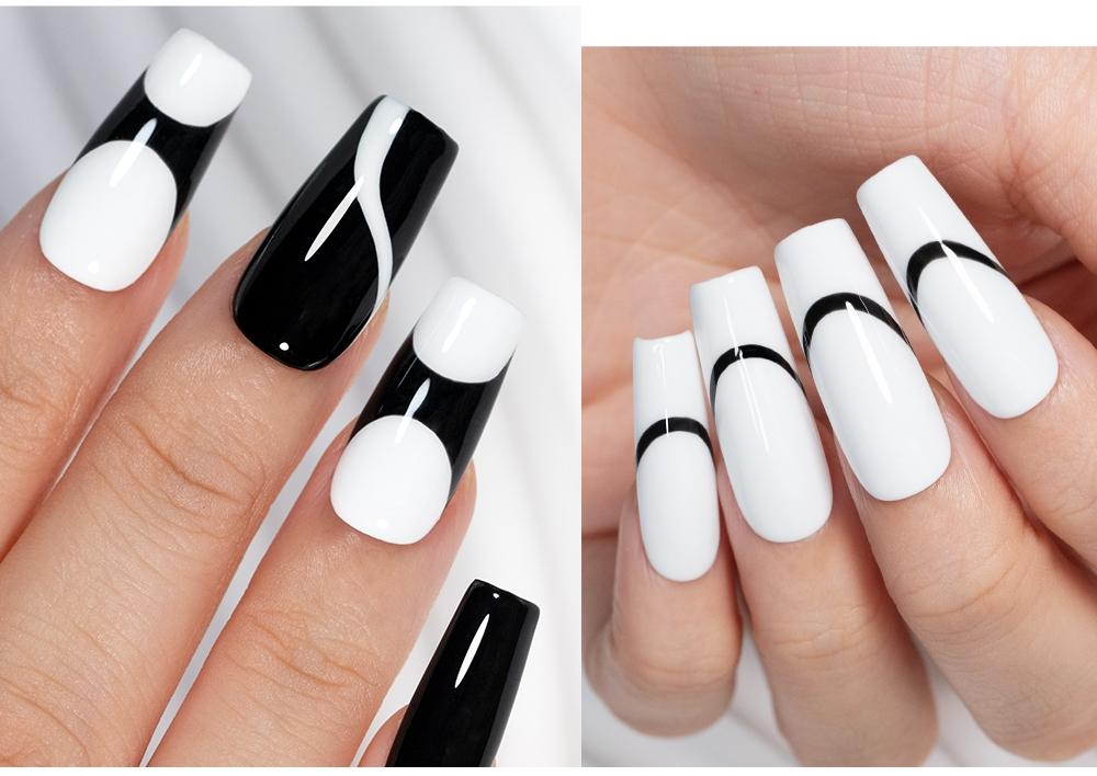 AWStorG 2Pcs/Set Black White Liner Gel Nail Polish Set, French Line Graffiti Painting Stripe Design, Ultra-fine Brush Head, Soak-Off Gel Varnish Girls Nail Art Gift