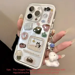 DIY Cute Fun Cartoon Cat Resin Decal + Adorable Hanging Charm 2-in-1 Transparent Clear Protective Cellphone iPhone Case Cover for iPhone 17/17 Pro/17 Pro Max/17 Air/16 Pro Max/16 Pro/16/15/14/13/12/11 Series Adorable Hanging Charm Accessories