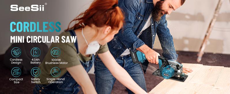 SeeSii Cordless Mini Circular Saw, 4-1/2" Electric Compact Circular Saw with 4.0Ah Battery, 5380RPM, 4 Saw Blades, Rip Guide, Max Cutting Depth 1-11/16"(90°), 1-1/8"(45°) for Wood, Plastic, Soft Metal CS410 #TikTokShopBlackFriday