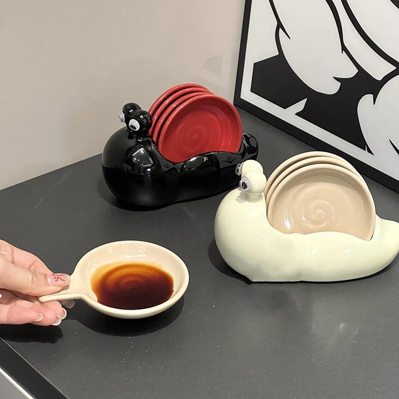 Cute Snail Ceramic Dipping Dish Set, 5-Piece Includes Storage Box, Perfect for Table or Coffee Table Snacks Desserts Candies