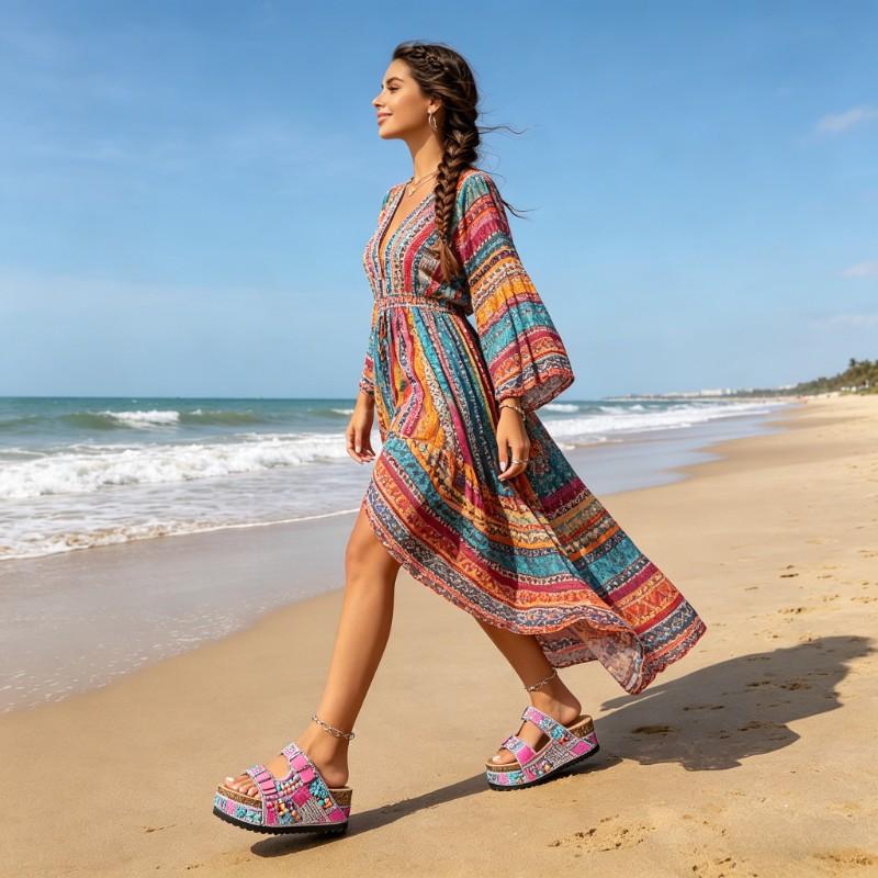 Womens Pink Boho Beaded Rhinestone Platform Slide Sandals, Colorful Embellished Two Strap Buckle Flat Sandals, Comfort Summer Beach & Casual Footwear Womens Pink Boho Beaded Rhinestone Platform Slide Sandals, Colorful Embellished Two Strap Buckle Flat Sandals, Comfort Summer Beach & Casual Footwear