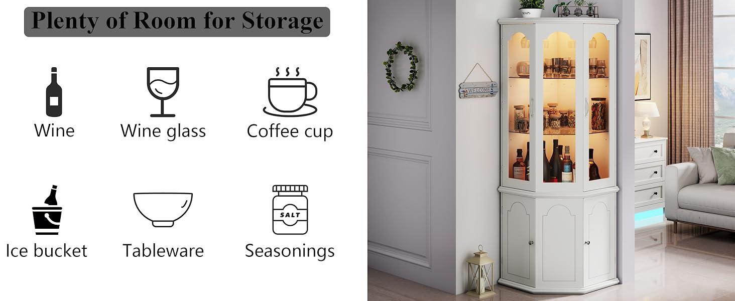 Corner Bar Cabinet LED Lights, Tall Modern Wine Cabinet with Tempered Glass Door & Adjustable Shelves, Home Bar Liquor Storage Cabinet with Glass Rack