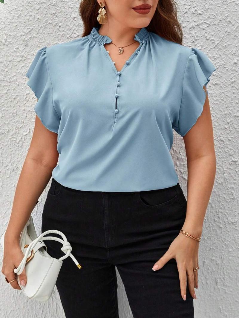 Classic Plus Series Notched Collar Butterfly Sleeve Half Button Front Shirt, Stylish Women's Blouse, Perfect for Casual Wear