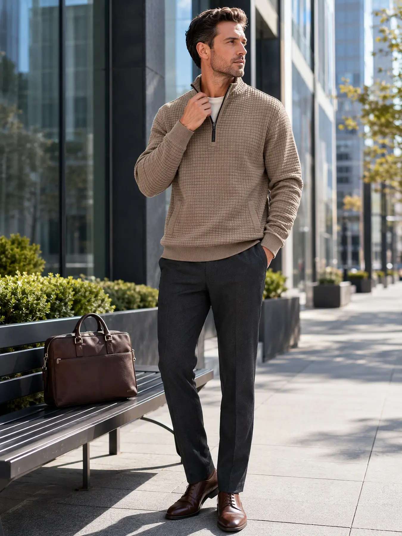 Men's Stand Collar Half-Zip Pullover, Business Casual Style, Waffle Texture Fabric, 1/4 Zip with Pocket, Warm Fall Winter Wear