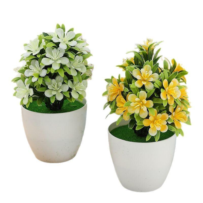 Decorative Ornament Artificial Flower Potted Plant Indoor Home Table Decor, Five-Leaf Plum Blossom Plastic Flower Plant