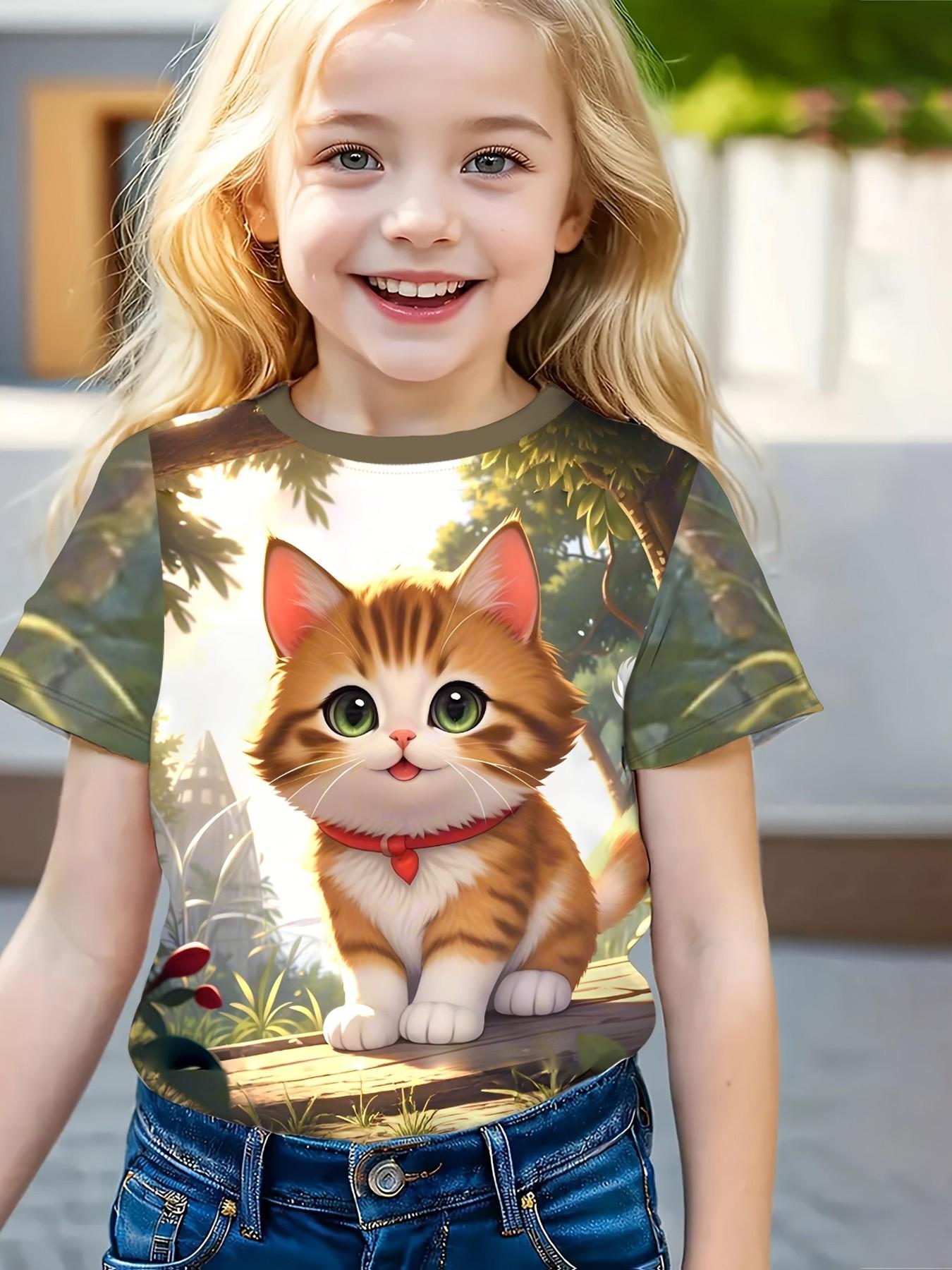 3D Cat Print Short Sleeve T-Shirt, Round Neck Cartoon Pattern Top, Summer Kids Fashion, Casual Loose-Fitting Tee