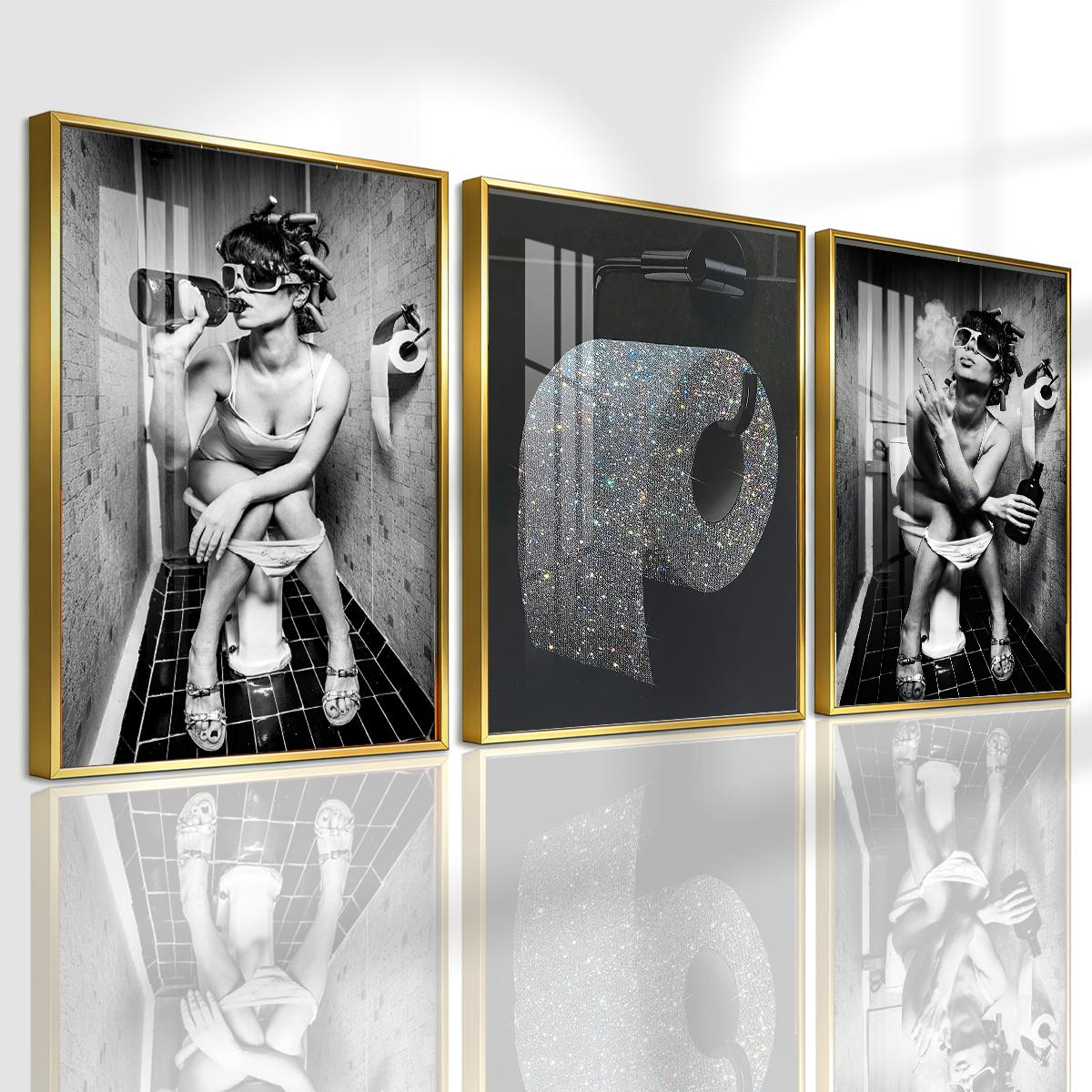 3 Counts Aluminum Alloy Framed Painting, Funny Woman Bathroom Drinking And Smoking Poster, Home Decoration For Living Room, Bedroom, Office, Restaurant, Hallway Wall Decor, Odorless Print Artwork, Luxury Perfect Gift For Friends And Family