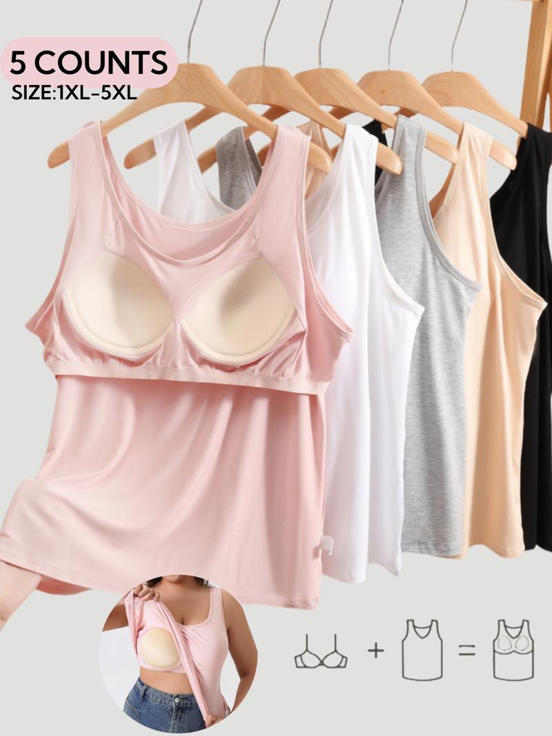 【Plus Size】 Solid Color Wireless Tanks, Soft Comfortable Breathable Tanks with Built in Bra, Women's Underwear for Daily Wear