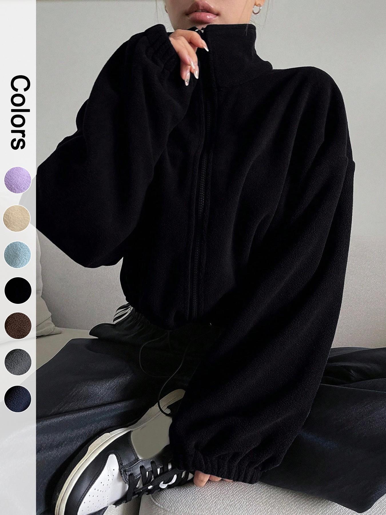 Women's Polar Fleece Zipper Jacket Coats, Long Sleeve Short Stand Collar Design, Perfect for Autumn & Winter, Casual Stylish Ladies Outerwear