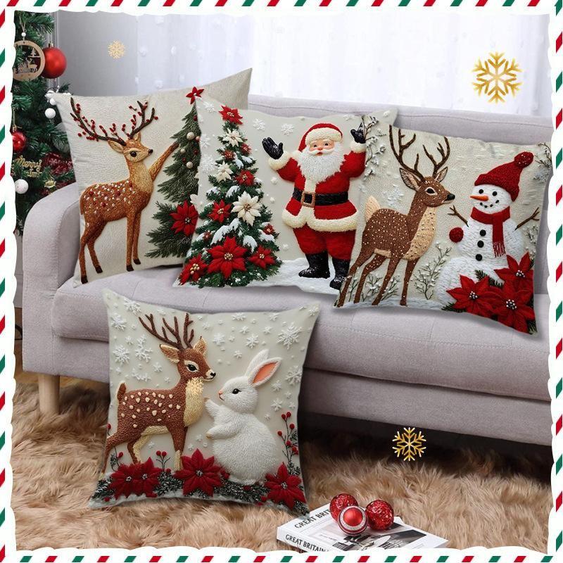 Christmas Decorative Pillowcase, Santa and Reindeer Print, Flat Design, No Embroidery, for Sofa, Bed, Home Décor, Christmas Gift