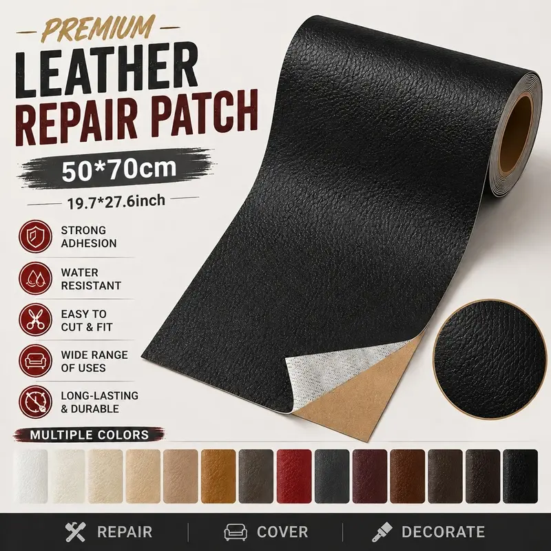 Leather & Vinyl Repair Kit, Self-Adhesive Tape & Patch, Heavy Duty, Strong Adhesion, 19.7x27.6 Inch for Furniture, Sofa, Car Seats, Office Chair, Upholstery, Quick Fix DIY, Waterproof & No Residue