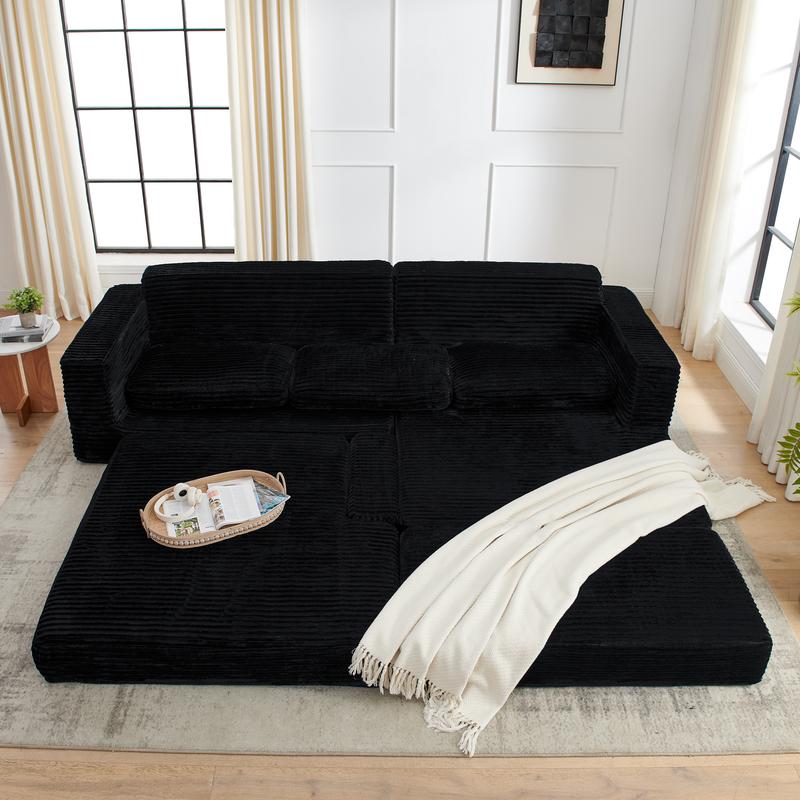 Niccae Right Seat L-Shaped Sectional Sofa,Compressed Corduroy,Modern Minimalist,Converts to Bed,Space-Efficient,sectional couch (2 Packages Shipping)