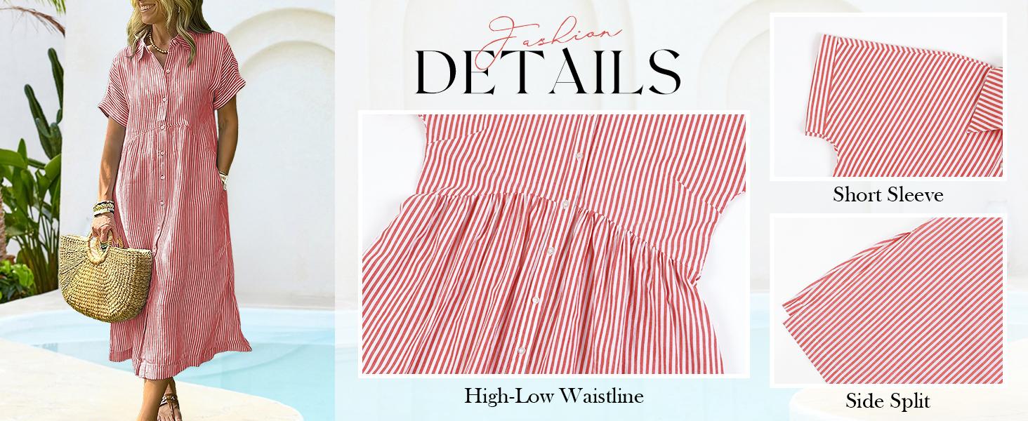 YehGoods 2026 Women's Loose Midi Striped Shirt Dress Bohemian Side Slit Dress with Pockets.....