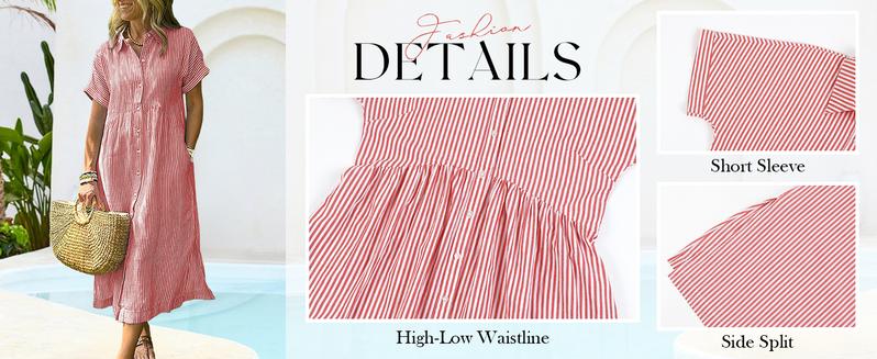 Chouyatou Women's Loose Midi Striped Shirt Dress Bohemian Side Slit Dress with Pockets