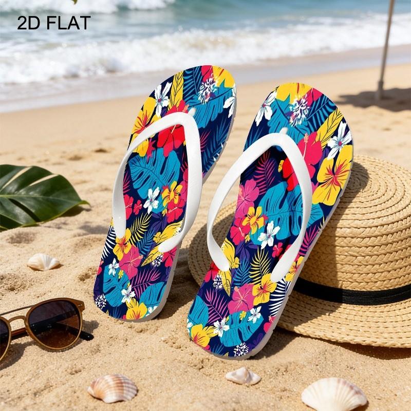 2026 Summer New Women'S Flip Flops, Open Toe, Flat Heel, Tropical Floral Navy Design, Multiple Colors & Sizes, Dry Clean, Ideal for Mother'S Day, Easter, Holiday Gifting, Lively Summery Style, Women Shoes