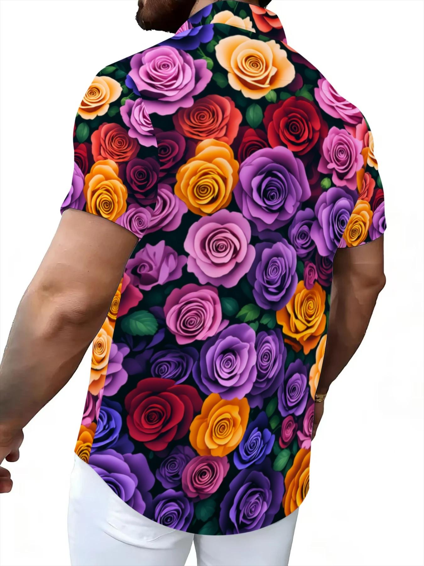 Colorful Rose Print Short Sleeve Shirt, Casual Unisex Style, Summer Fashion Top, Multi-color Floral Pattern