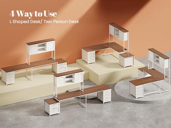 SEDETA 63 Inch Farmhouse L Shaped Office Desk with 6 Drawers Reversible Computer Corner Desk with Power Outlet and Hutch