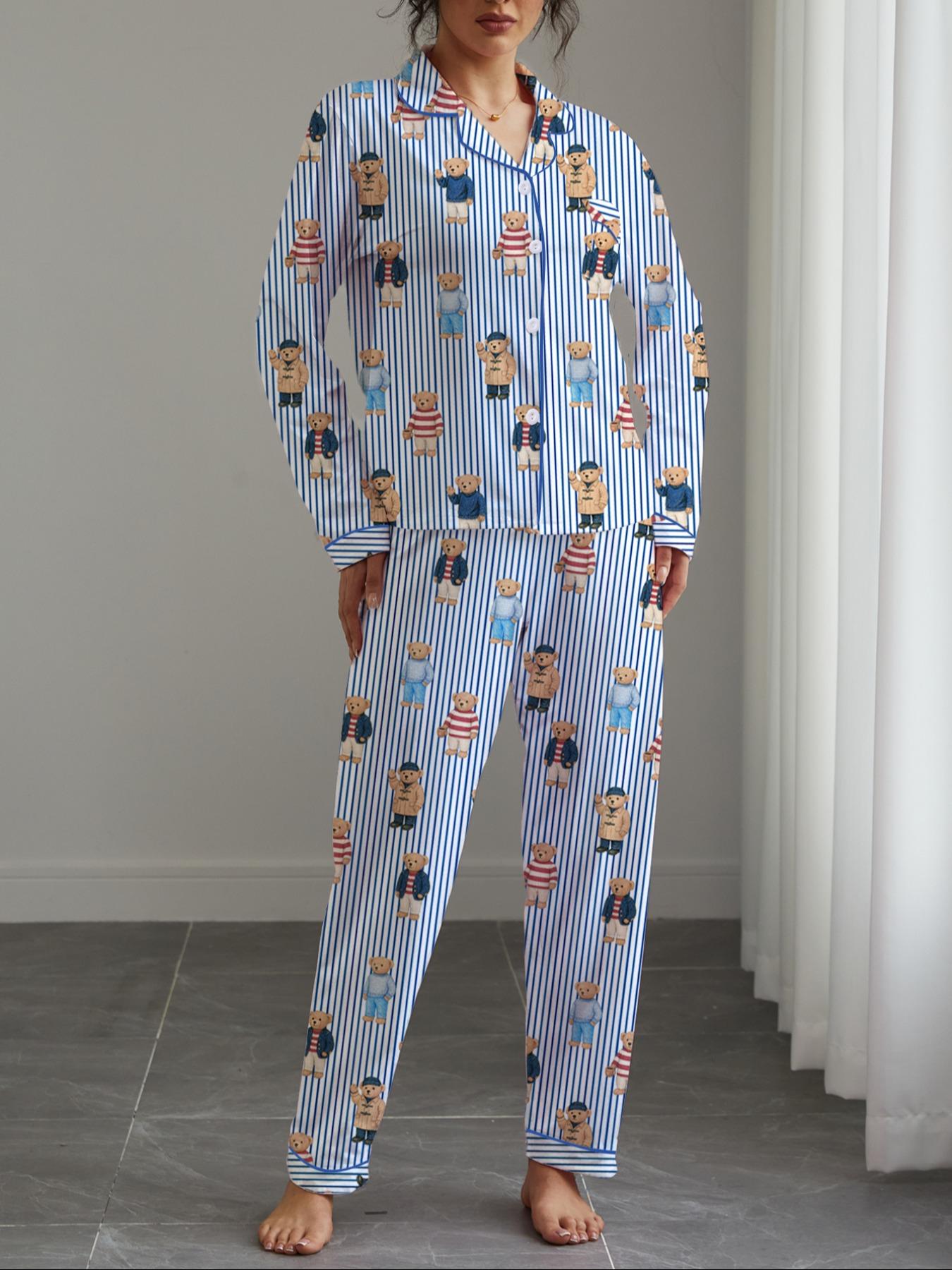 Women's Fall & Winter Pajama Set, Bear Print Sleepwear, Casual Long Sleeve Shirt and Elastic Pants, Soft and Stretchy Fabric