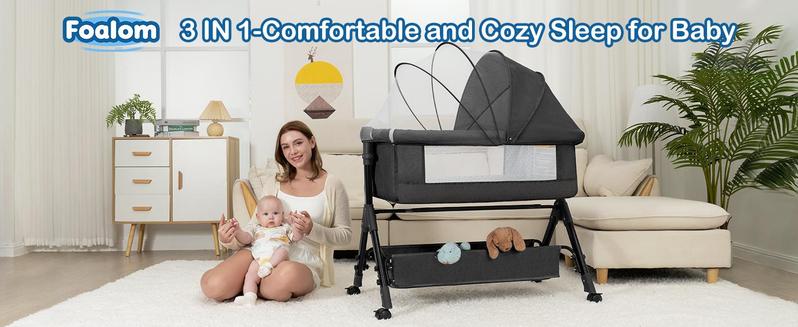 Baby Bassinet,  Crib for Infant and Newborn, Bedside Sleeper with Storage Basket and Mosquito Net, Easy to Fold, Height Adjustable, Portable Side Bed Crib