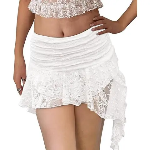 Yousify Women's Y2K Crop Lace Mini Skirt - Low Rise, Pleated, Ruffled, Layered, Flowy, Asymmetrical, Soft, Breathable, Stretchy, Comfortable, Elastic Fairy Half Slip - Casual Beach Trending Clothes, Birthday Ideas Womenswear Bottoms