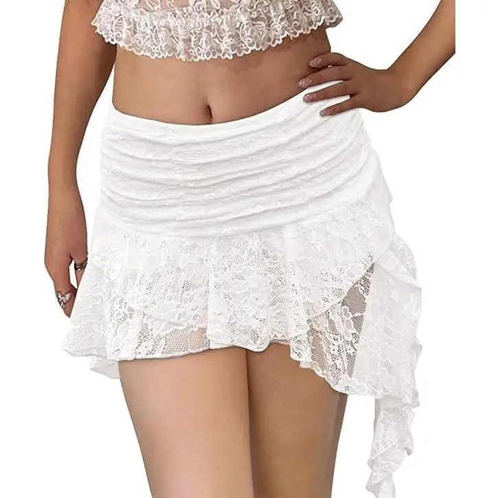 Yousify Women's Y2K Crop Lace Mini Skirt - Low Rise, Pleated, Ruffled, Layered, Flowy, Asymmetrical, Soft, Breathable, Stretchy, Comfortable, Elastic Fairy Half Slip - Casual Beach Trending Clothes, Birthday Ideas Womenswear Bottoms