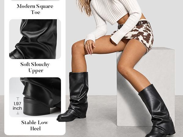 Athlefit Women's Slouchy Fold Over Boots Wide Calf Chunky Platform Low Heel Square Toe Pull On Mid Calf Boots