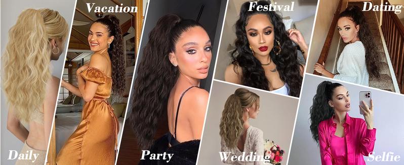 Curly Wavy Ponytail Extension 18 Inch Long Pony Tail Claw Clip Hair Extensions Fluffy Natural Looking Hair Piece Synthetic Hairpiece for Women Girls Party Daily Use Brown with Blonde Highlights Wave Wig Clip Hair Extensions
