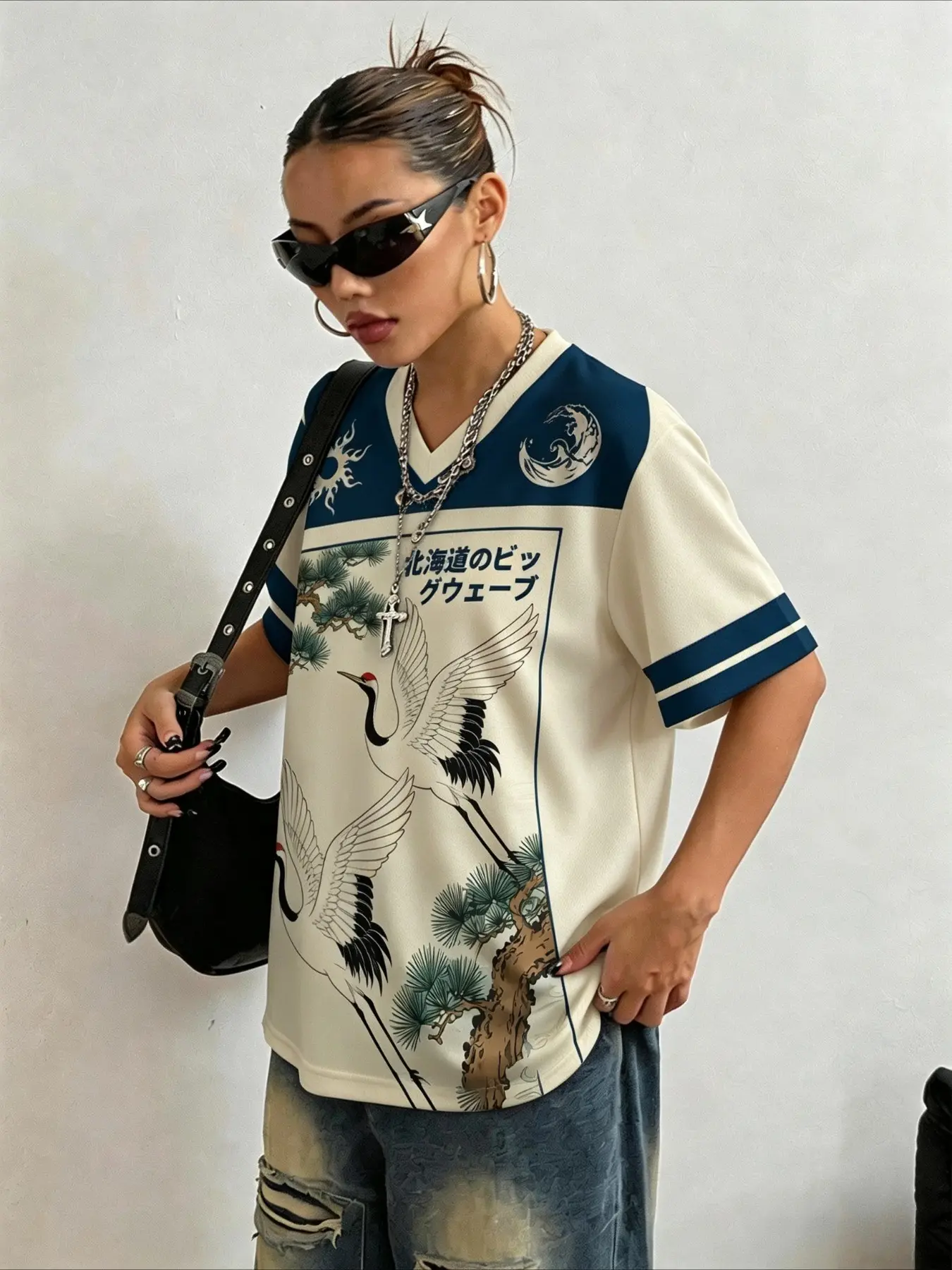 Summer V Neck Men's Short Sleeve T-Shirt, Japanese Style Crane 3D Print, Loose Fit Casual Top, Unisex Streetwear, All Seasons
