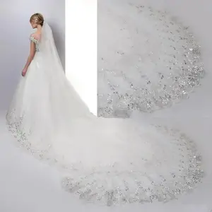 Luxury Sequin Lace Cathedral Length Wedding Veil, Long Bridal Trailing Statement Veil with Sparkling Gold-Trimmed Lace, Romantic Regal Bridal Accessory for Grand Church Ceremonies, Bridal Photoshoot & Ball Gown Wedding Dresses