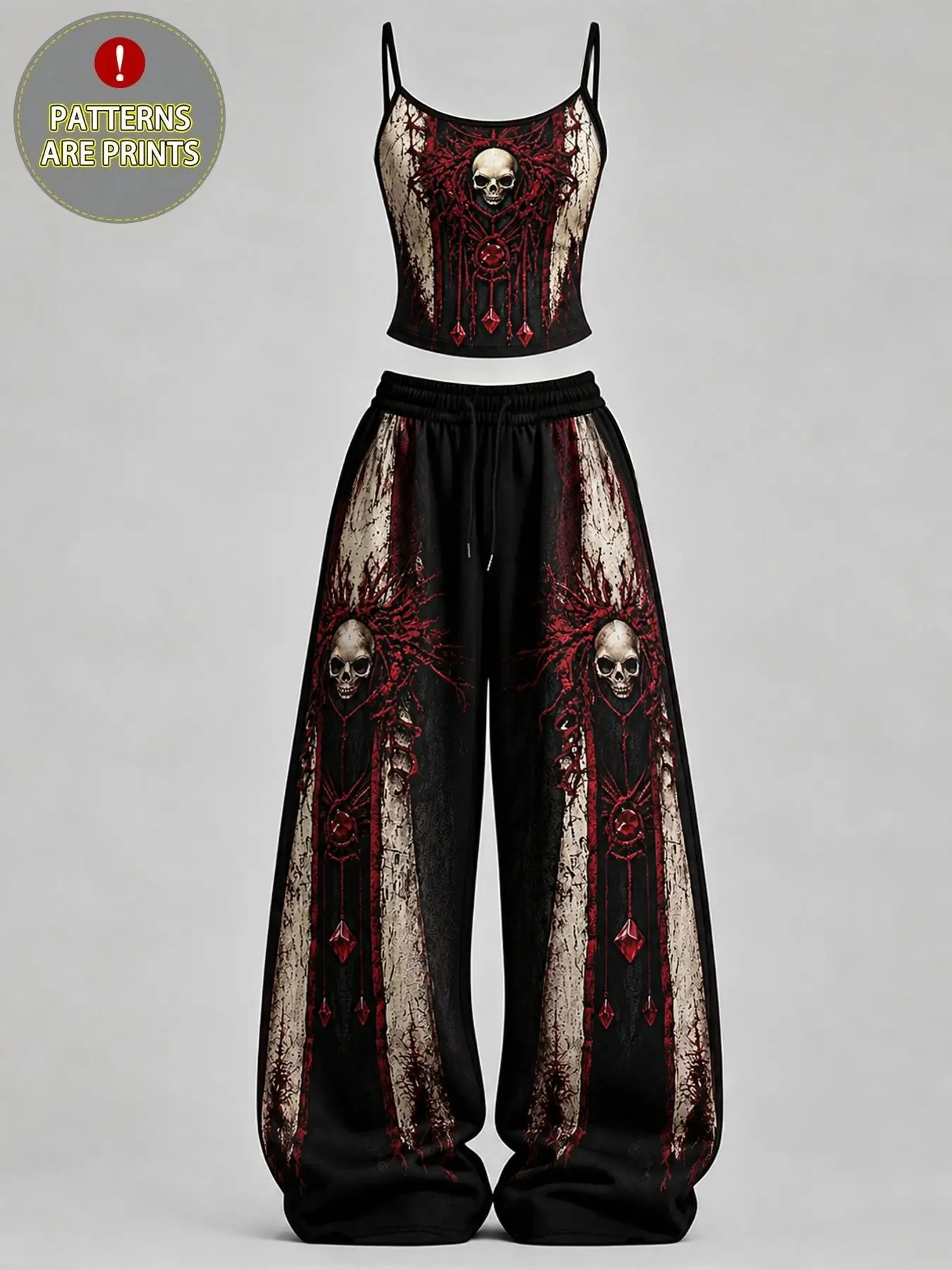 Halloween Women's Home Casual, Skull Print Slim-Fit Tank Top + Loose Pants Set, Gothic Dark Punk Style Vibe, Daily Streetwear, Comfortable