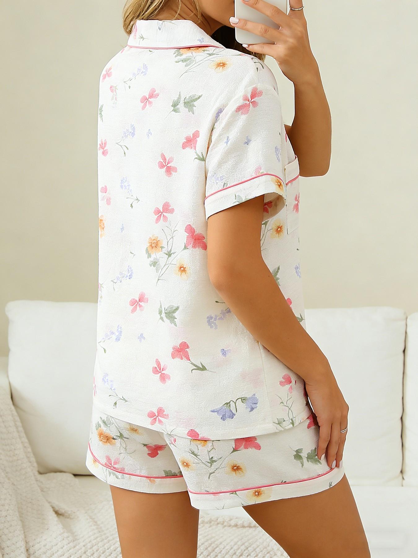 Women's Short Sleeve Button Down Top and Shorts Pajama Set, Spring Summer Wear, For Forest Style Literary Girls, Cream Base Natural Ditsy Floral Print, Classic Lapel Collar, Loose Fit, Comfortable For Home & Short Trips
