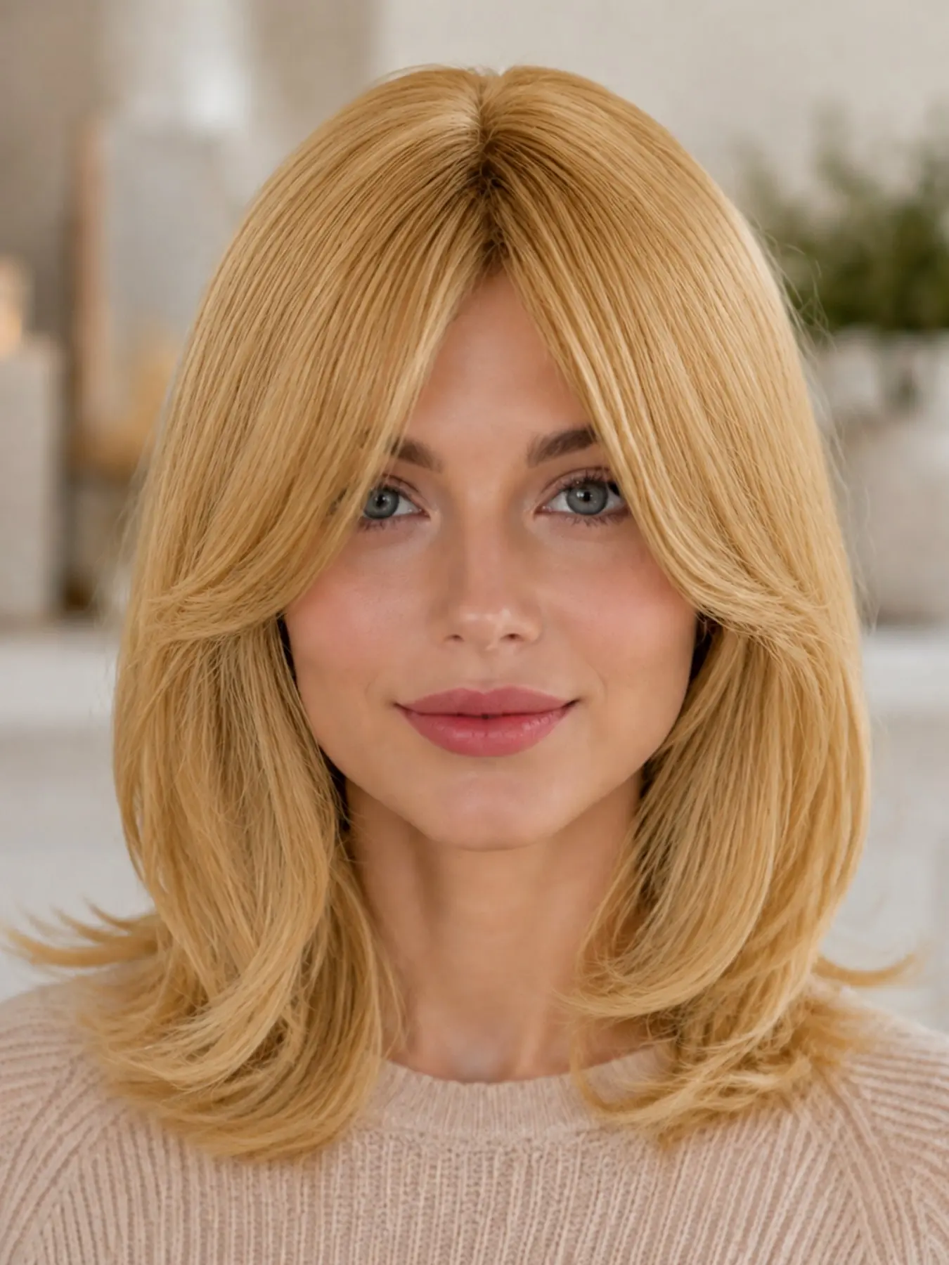 Shoulder-length wig with side-swept bangs, providing confidence and beauty for dates and parties.