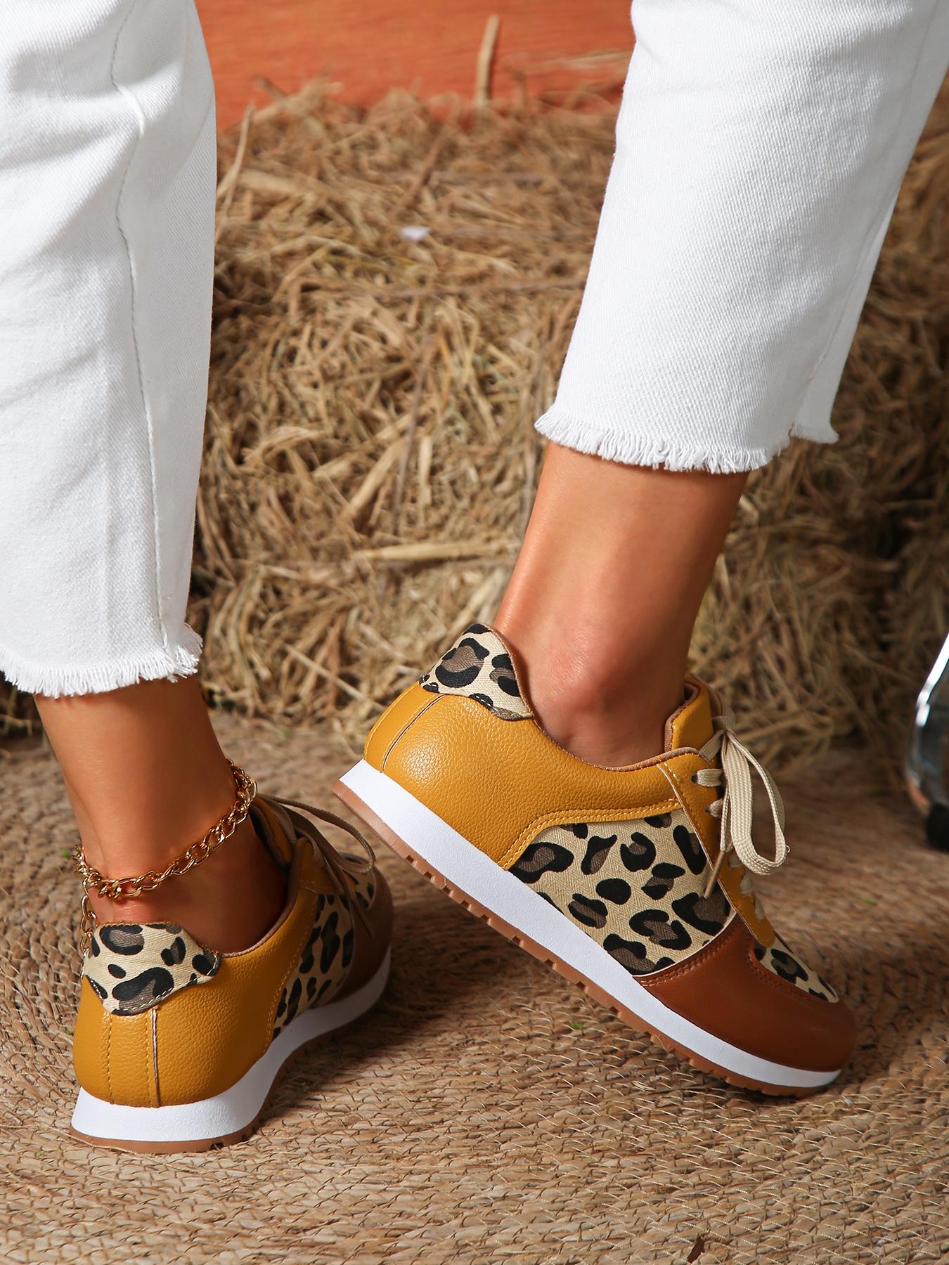 Women's Fashion Leopard Print Lace Up Low Top Sneakers, Casual Breathable Comfortable Sports Shoes, Female All-match Round Toe Shoes for Daily Wear