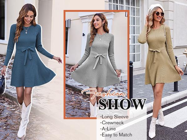 HOTOUCH Women's Long Sleeve Dress Crewneck Pullover Sweaters A-Line Casual Swing Dress Bodycon Dress with Belt Fall&Winter New Arrivals