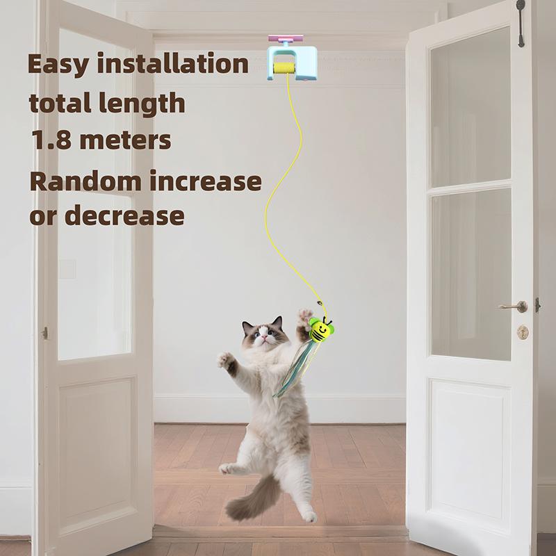 Interactive Hanging Cat Retractable String Toys for Indoor Kittens & Bored Adult Cats with 3 Flying Feathers Automatic Electric Teaser Rechargeable Blue Cat Toy