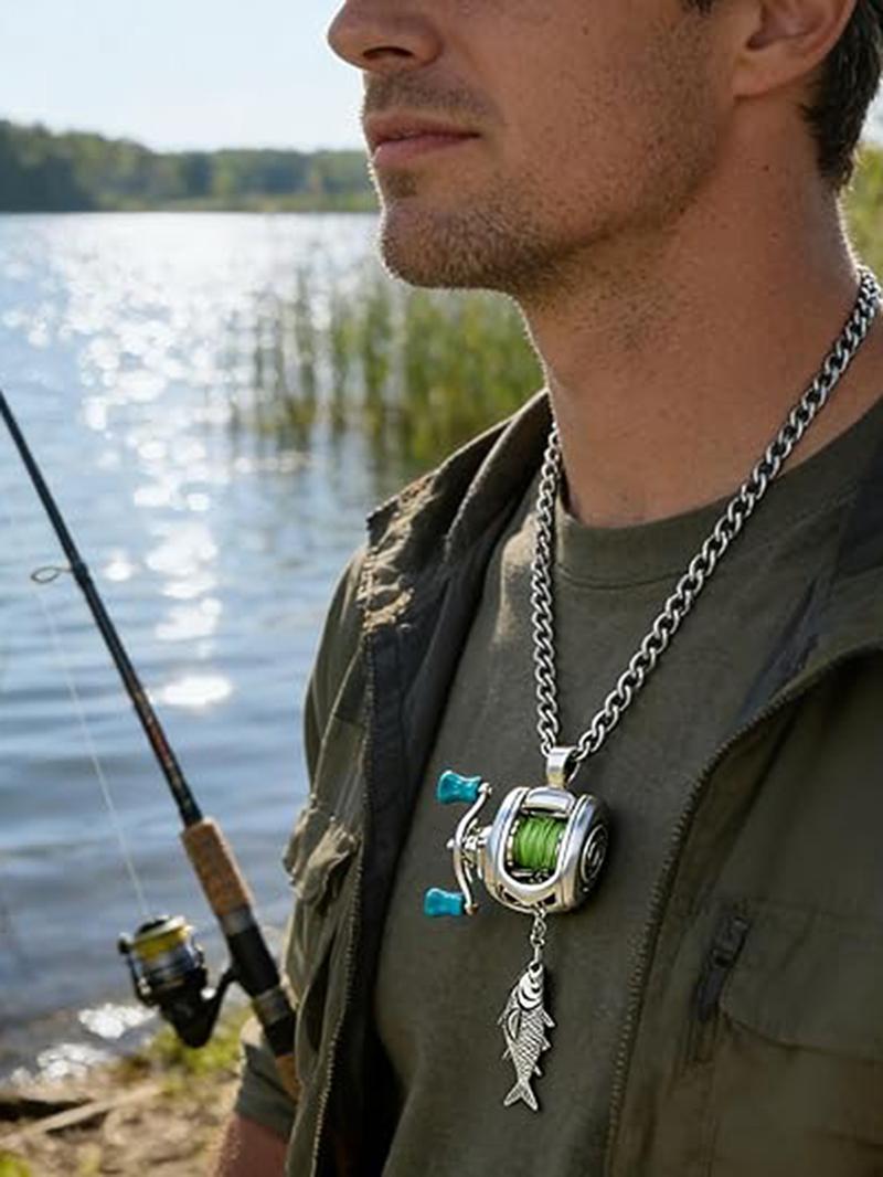 Mini Fishing Reel Necklace, Rotating Handle, Detachable Line Ring, Spinning Wheel Keychain, Portable Pendant for Fishing Enthusiasts