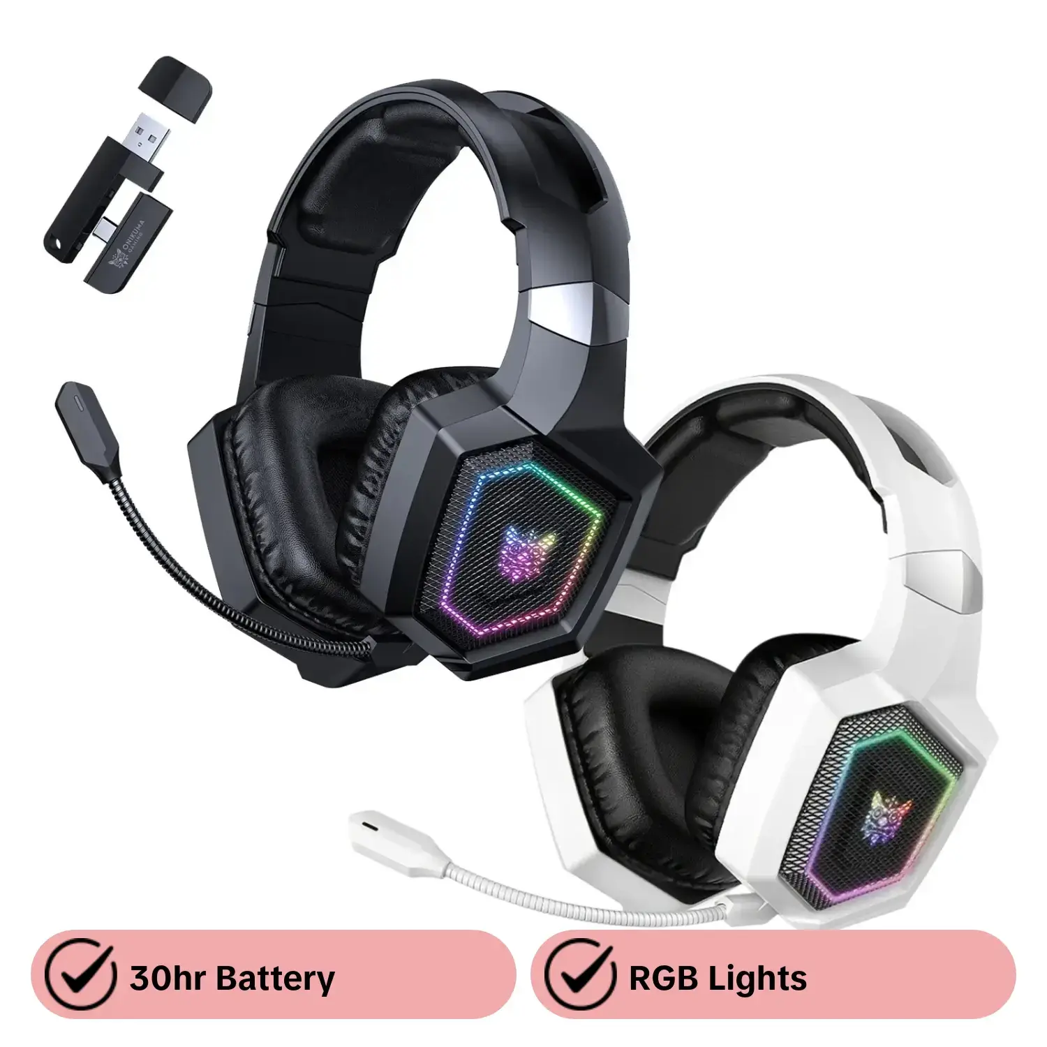 Onikuma 2.4GHz Wireless Gaming Headphones with Mic, Gaming Headset, Gamer Headphones with Mic, 30hr Battery, RGB Lights, Ps5/ps4/PC/mobile Compatible, Gt888 Model, Gaming Accessories