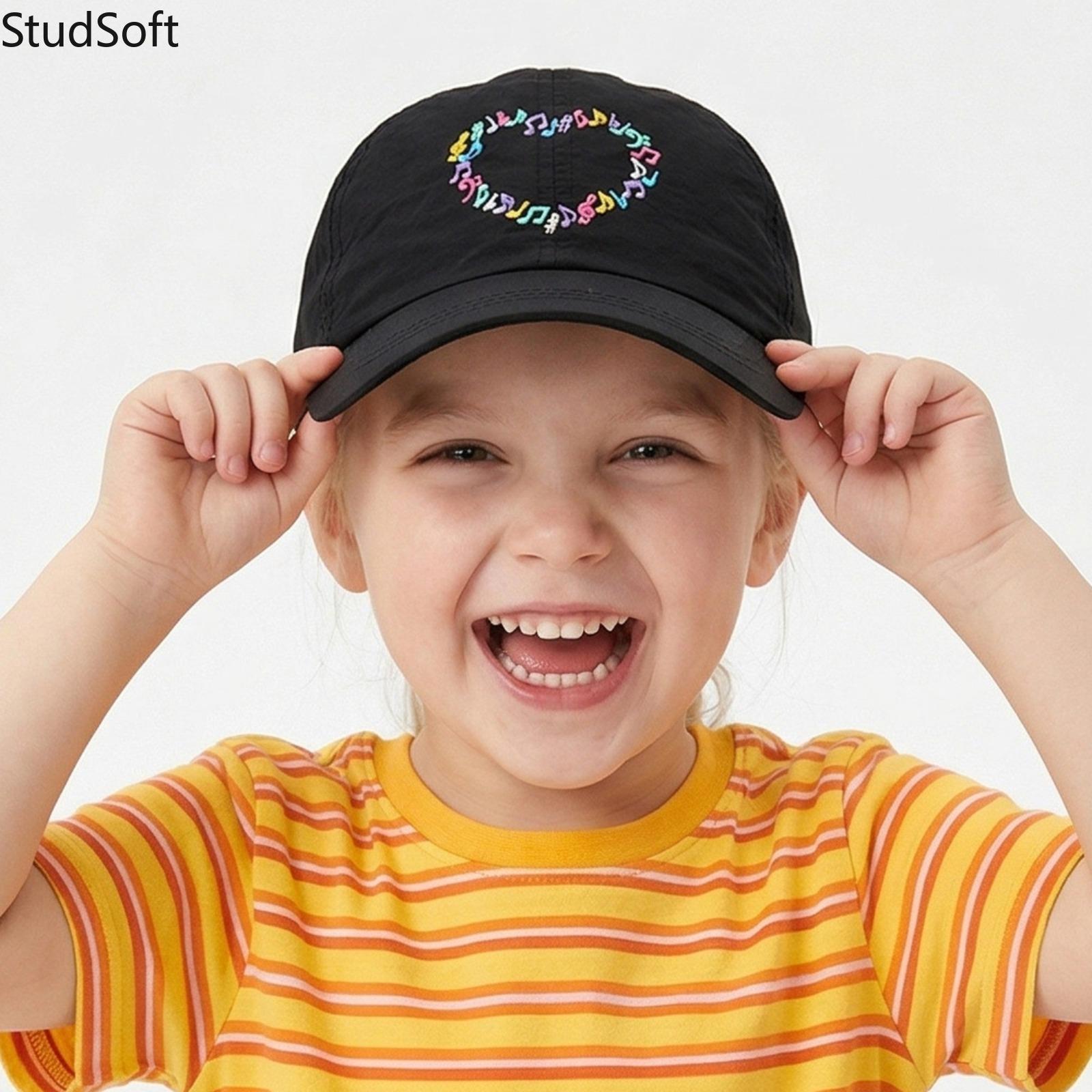 Kids' Cotton Ponytail Baseball Cap with Embroidered Music Note & Heart, Adjustable for Outdoor Casual Sports Wear, Embroidered Adjustable Caps
