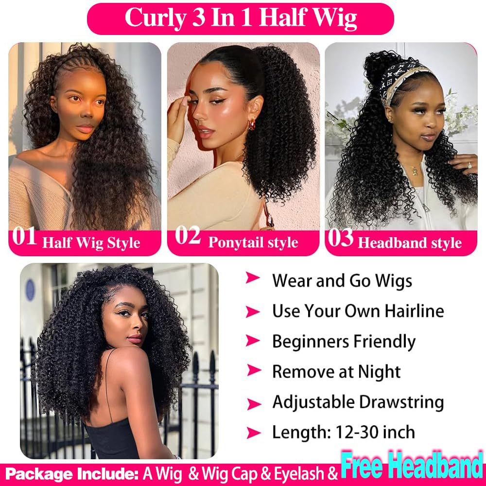 [3 In 1 Half Wig] Curly Half Wig Human Hair 180 Density 3 In 1 Seamless Flip Over Half Wigs Beginner Friendly Glueless Wear and Go Kinky Curly Wig Human Hair Drawstring Headband Wig for Women